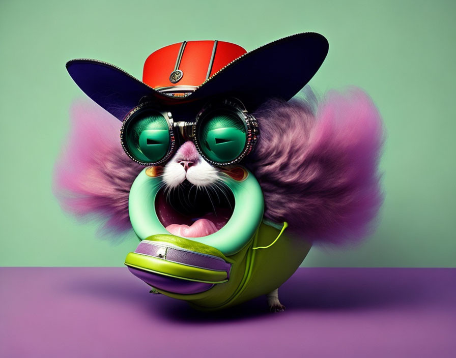 Colorful surreal creature with cat-like fur and oversized sunglasses.