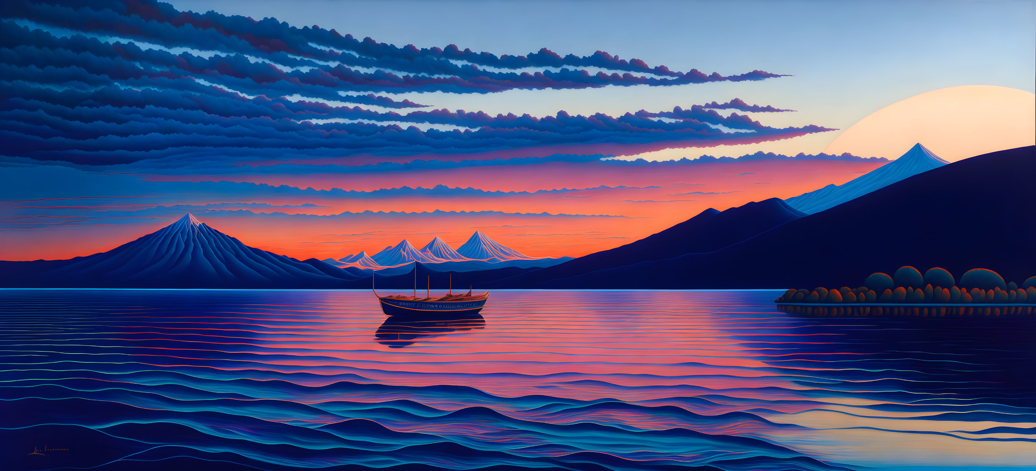 Scenic sunset painting with orange sky, boat, clouds, and mountains