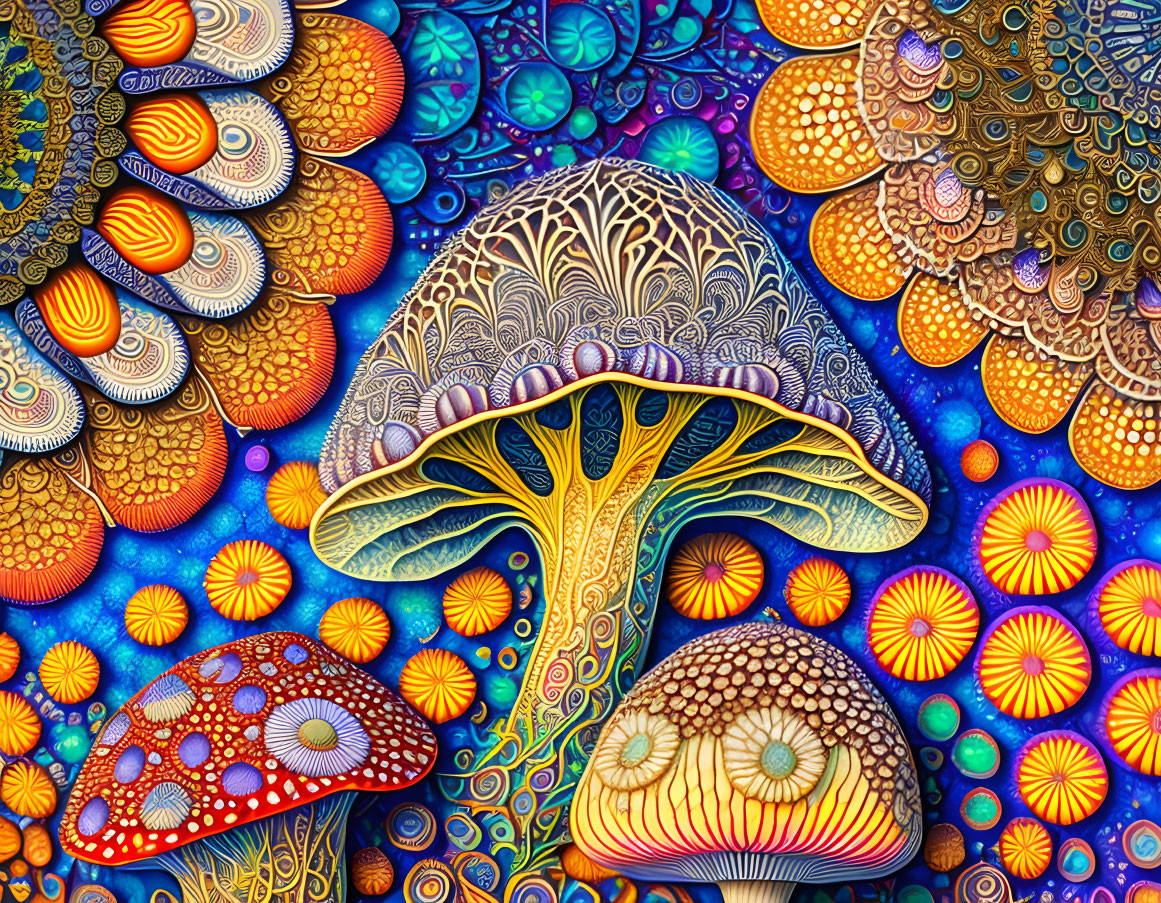 Psychedelic mushroom digital art with vibrant colors and intricate designs