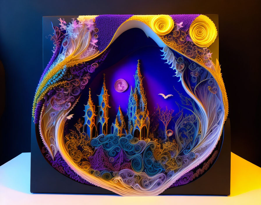 Vibrant fractal fantasy landscape with castles and spirals