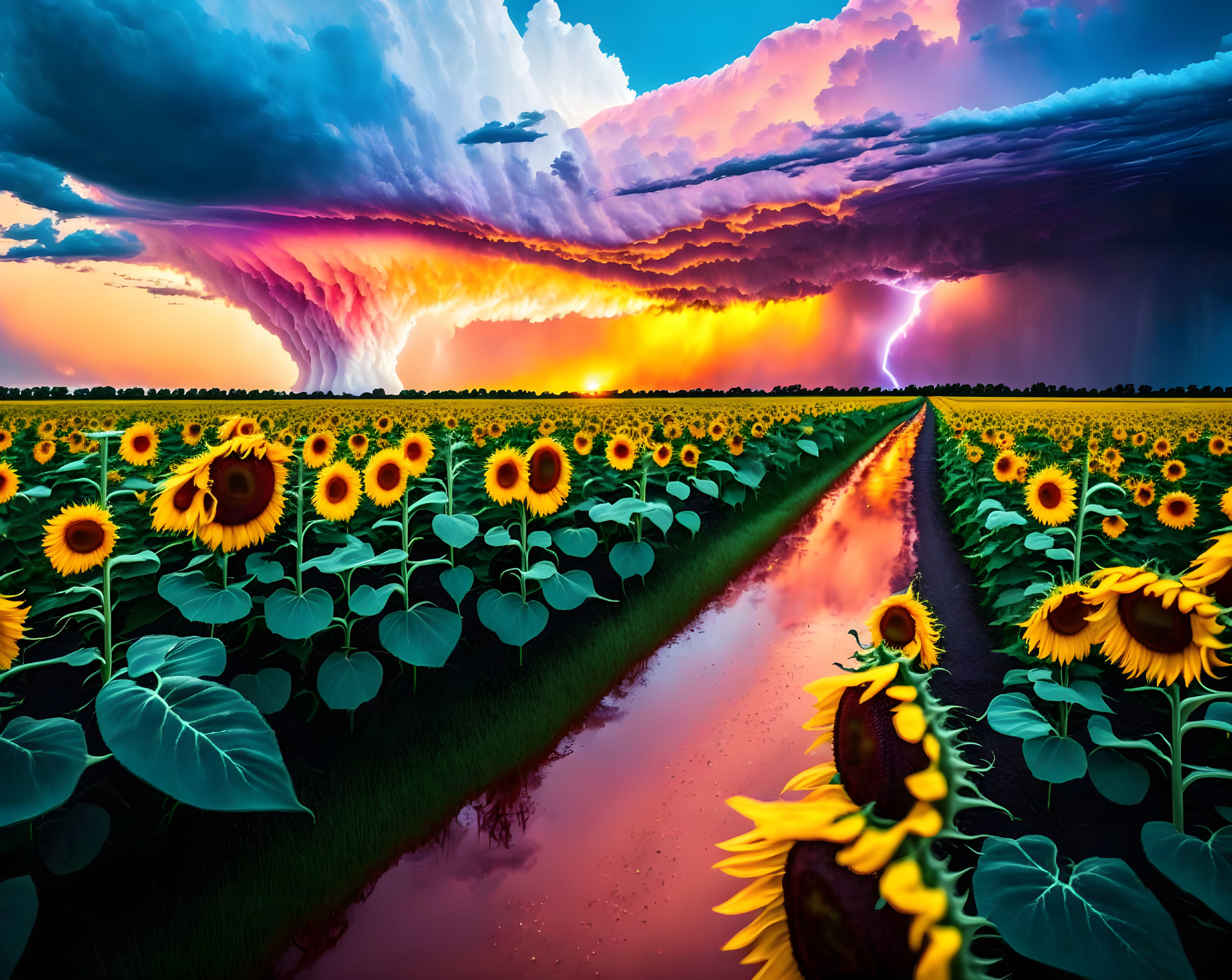 Vibrant sunflower field under dramatic purple and orange sky with lightning.