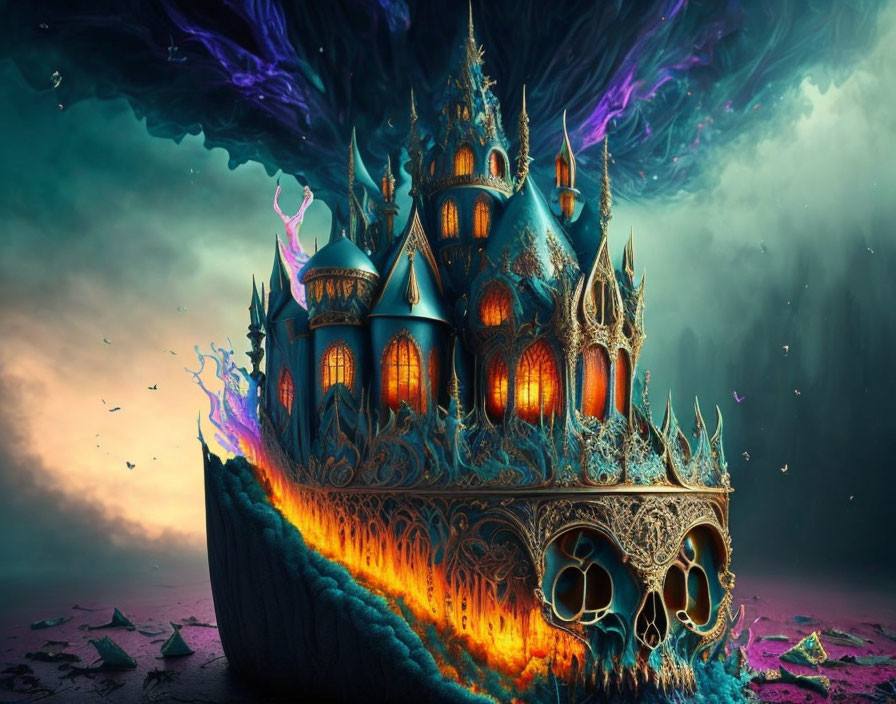 Elaborate gothic castle surrounded by flames on rocky terrain under stormy sky