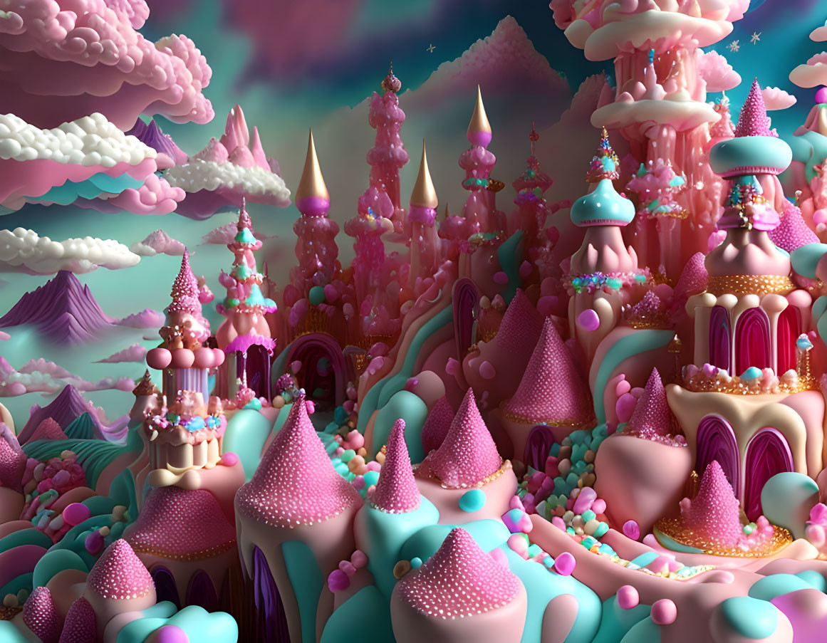 Pastel-Colored Candy-Like Fantasy Landscape with Towers and Spires