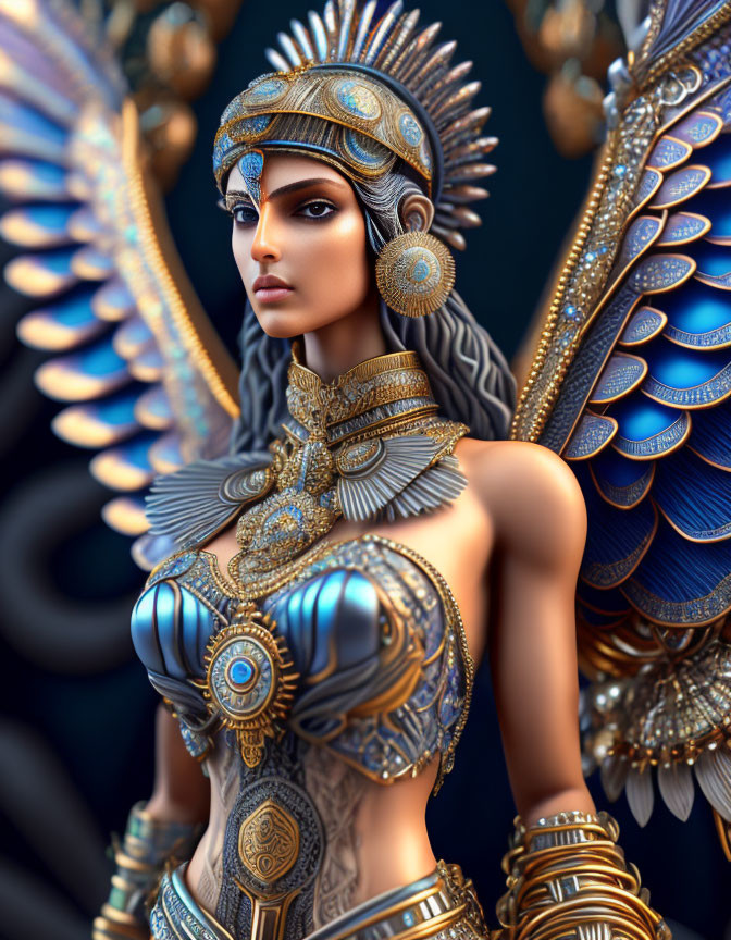 Winged female figure in golden and blue armor with regal headdress