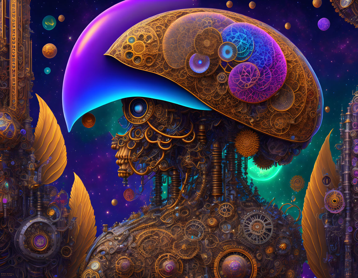 Celestial mechanical mushroom with fractal patterns on cosmic background