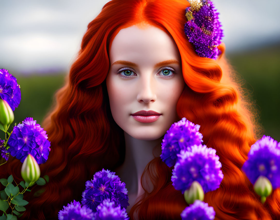 Red-haired woman with blue eyes in purple flower setting