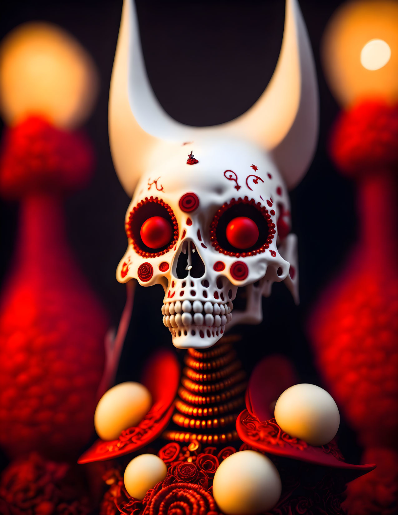 Intricate red designs on decorative skull with glowing eyes