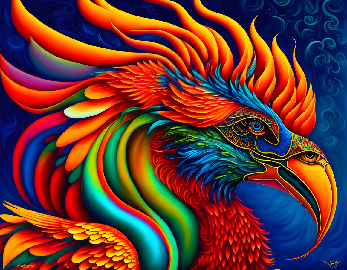 Mythical phoenix illustration with vibrant orange and red plumage on deep blue background