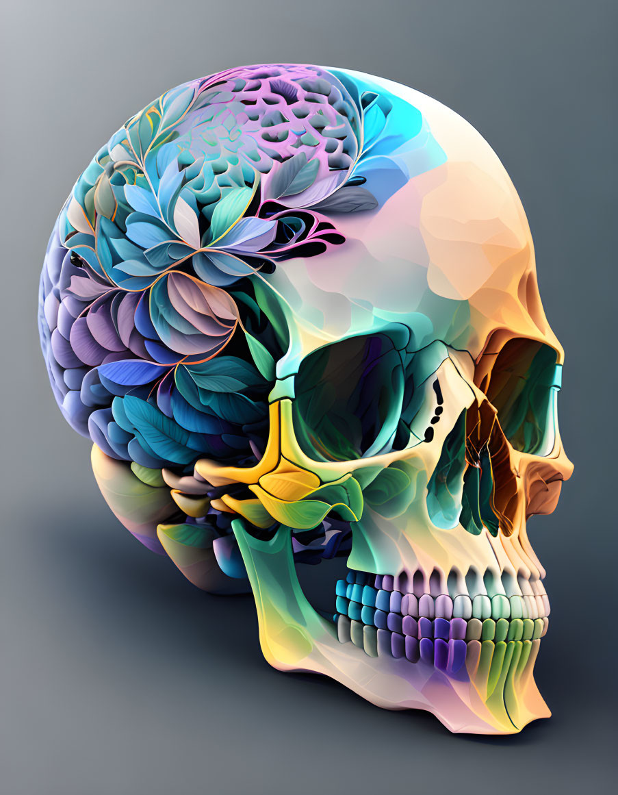 Digital artwork: Human skull with floral & anatomy details