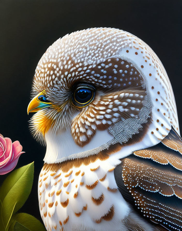 Detailed painting of brown and white owl with black eyes beside pink rose on dark background