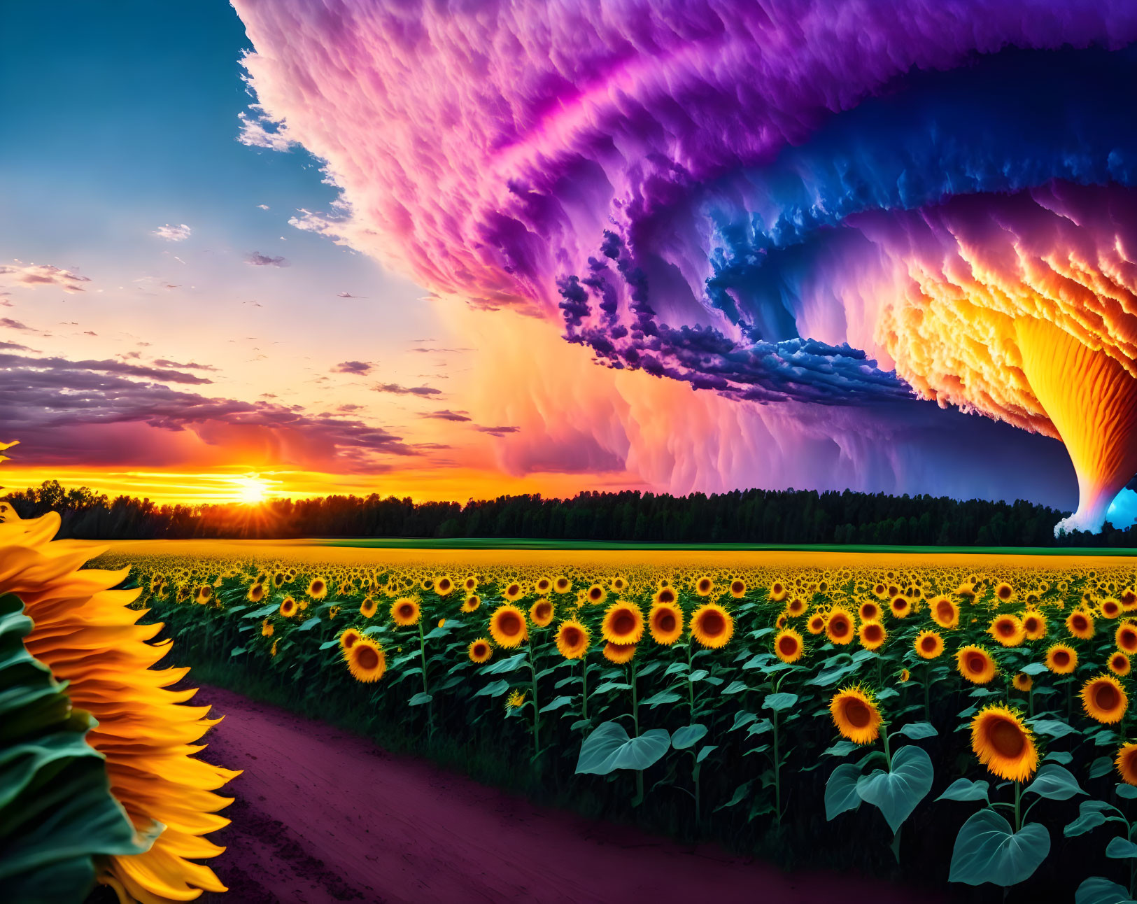 Vivid sunset over dramatic cloud formation and sunflower field