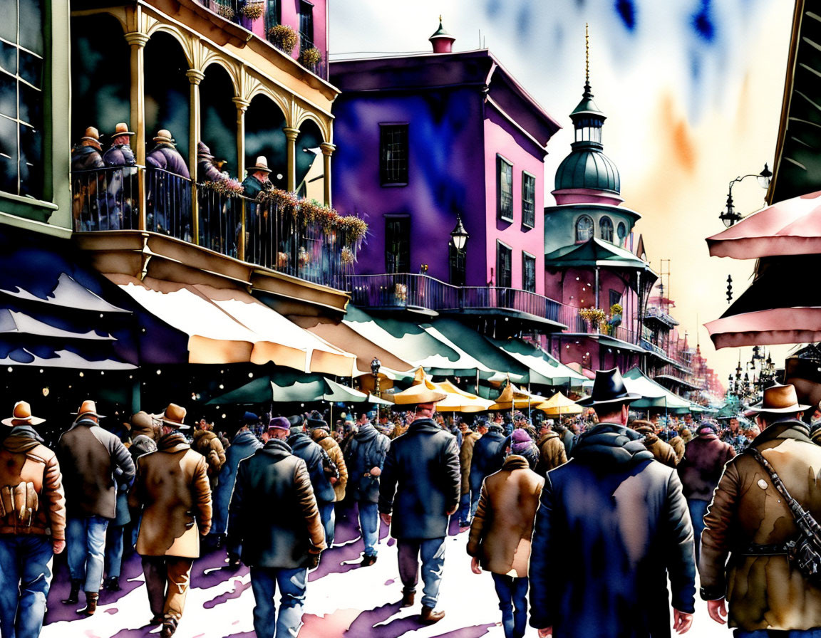 Colorful Watercolor Street Scene: Crowd in Winter Coats Passing Vibrant Buildings