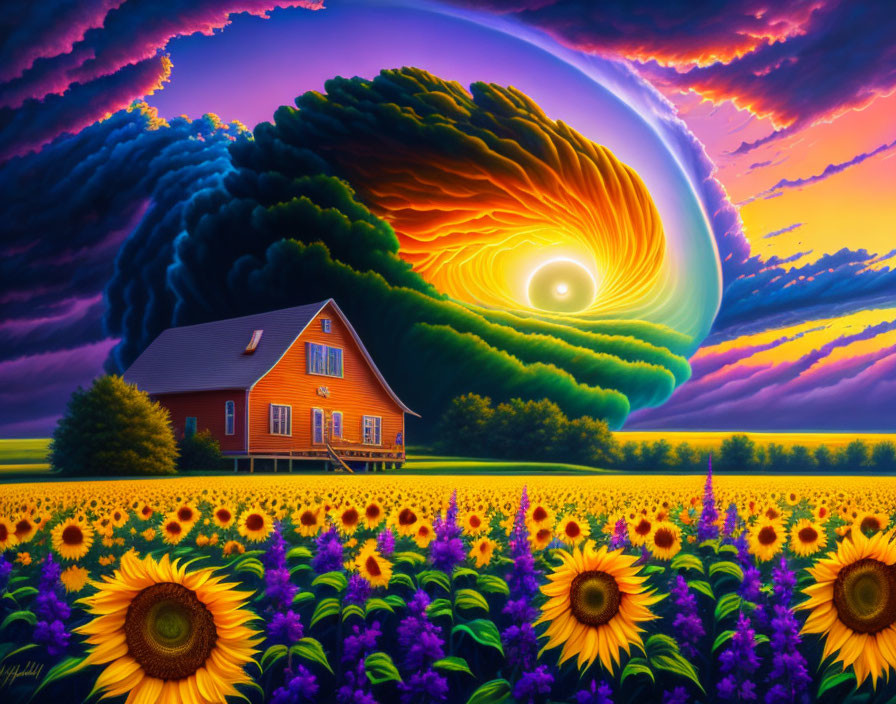 Colorful countryside painting: red house, sunflowers, surreal sunset sky