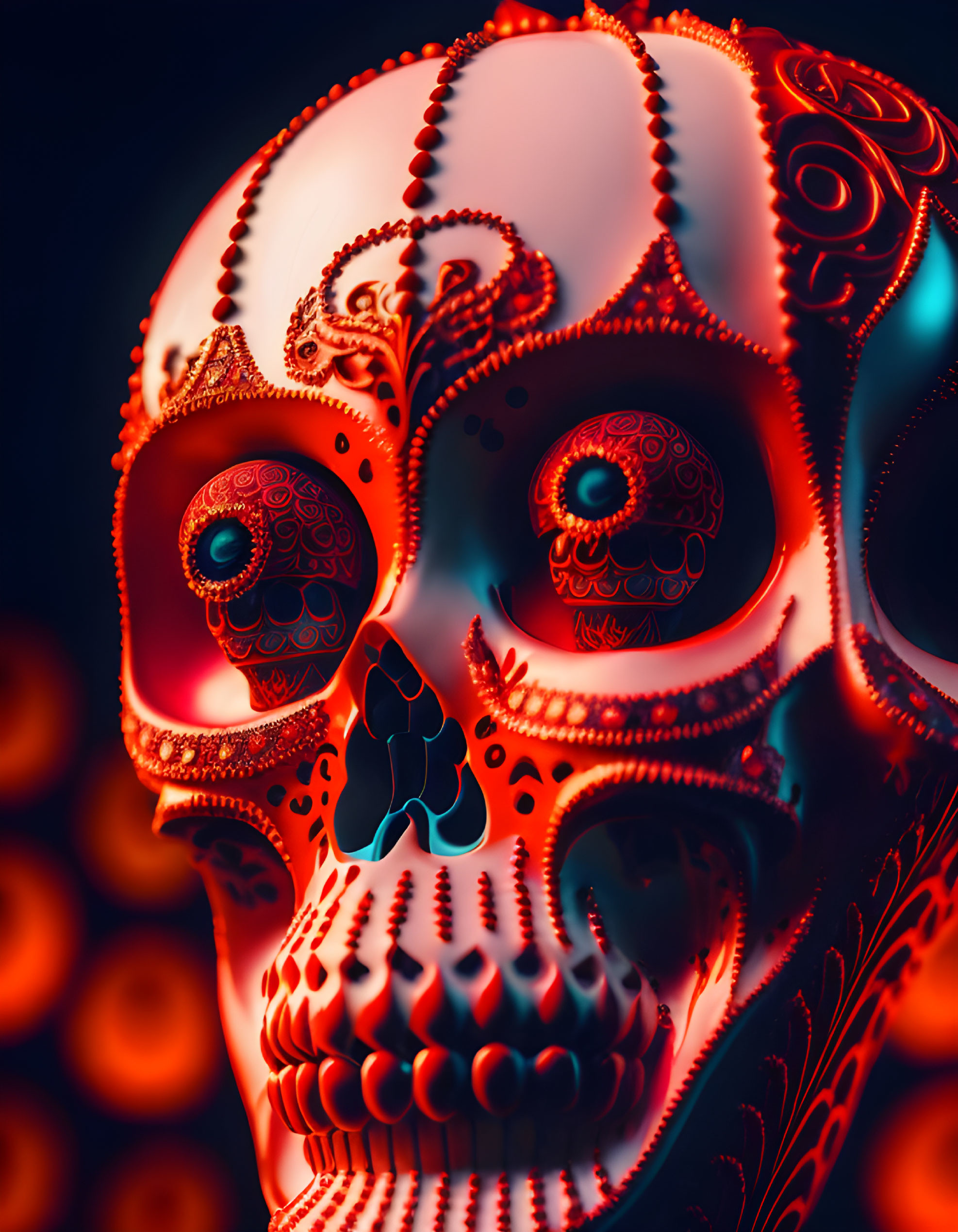 Detailed Ornate Skull with Red and Orange Glow on Dark Background