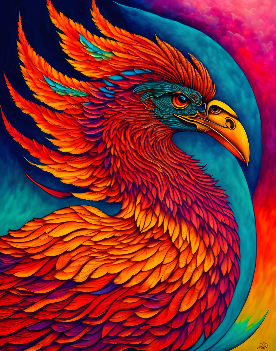 Colorful Phoenix Illustration on Multicolored Background