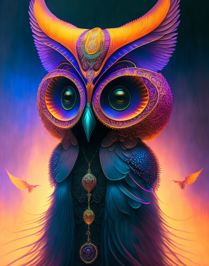 Colorful Owl Painting with Intricate Patterns and Hypnotic Eyes