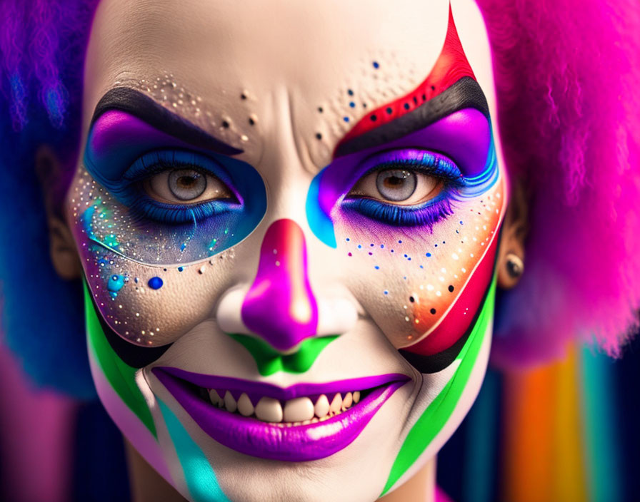 Colorful clown-like makeup with vibrant hues and polka dots on a person's face