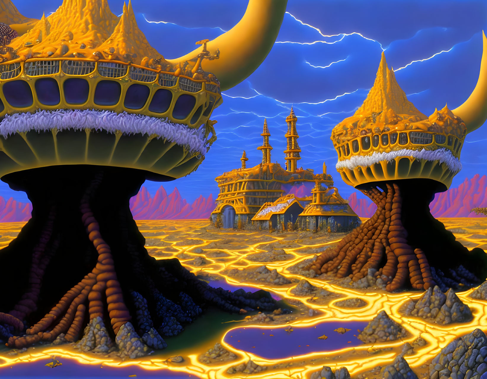 Fantastical landscape with crown-like structures and lava rivers under stormy sky