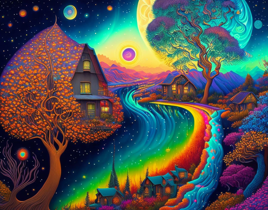 Fantasy landscape with colorful houses, glowing river, spiral tree, stars, and planets