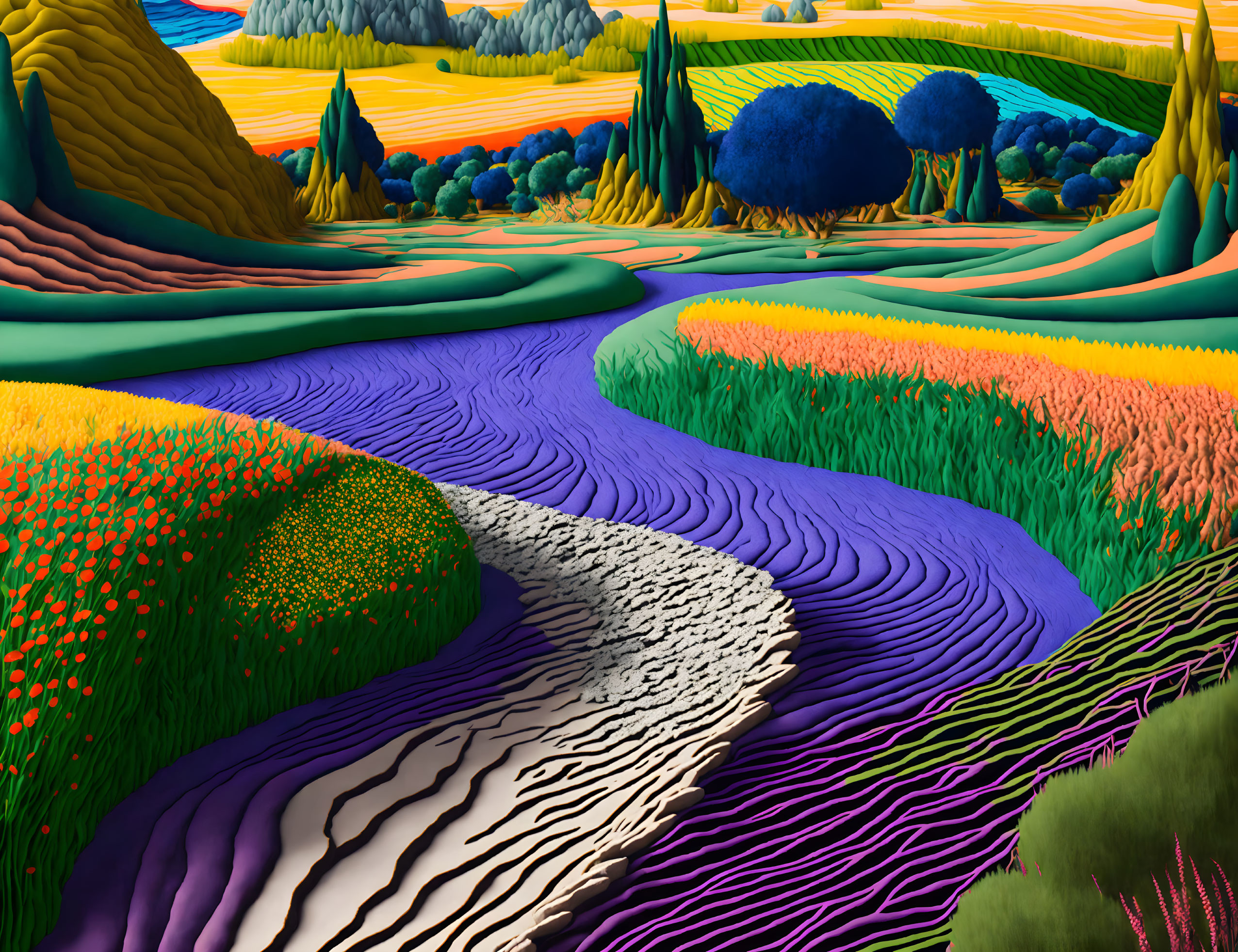 Colorful Stylized Landscape with River and Flora