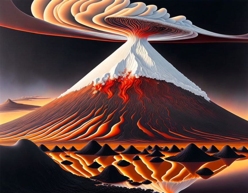 Surreal digitally-altered image of volcano with swirling smoke and wave-like patterns