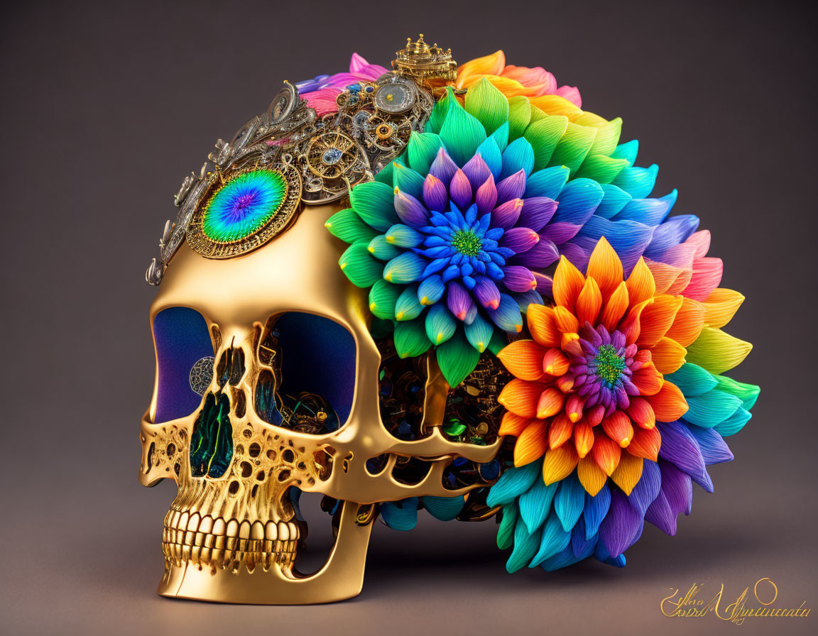 Golden skull with mechanical gears and floral patterns on dark background