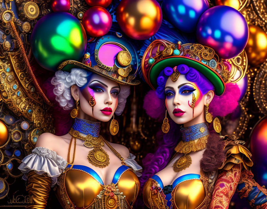 Two Women in Elaborate Carnival Costumes with Colorful Balloons