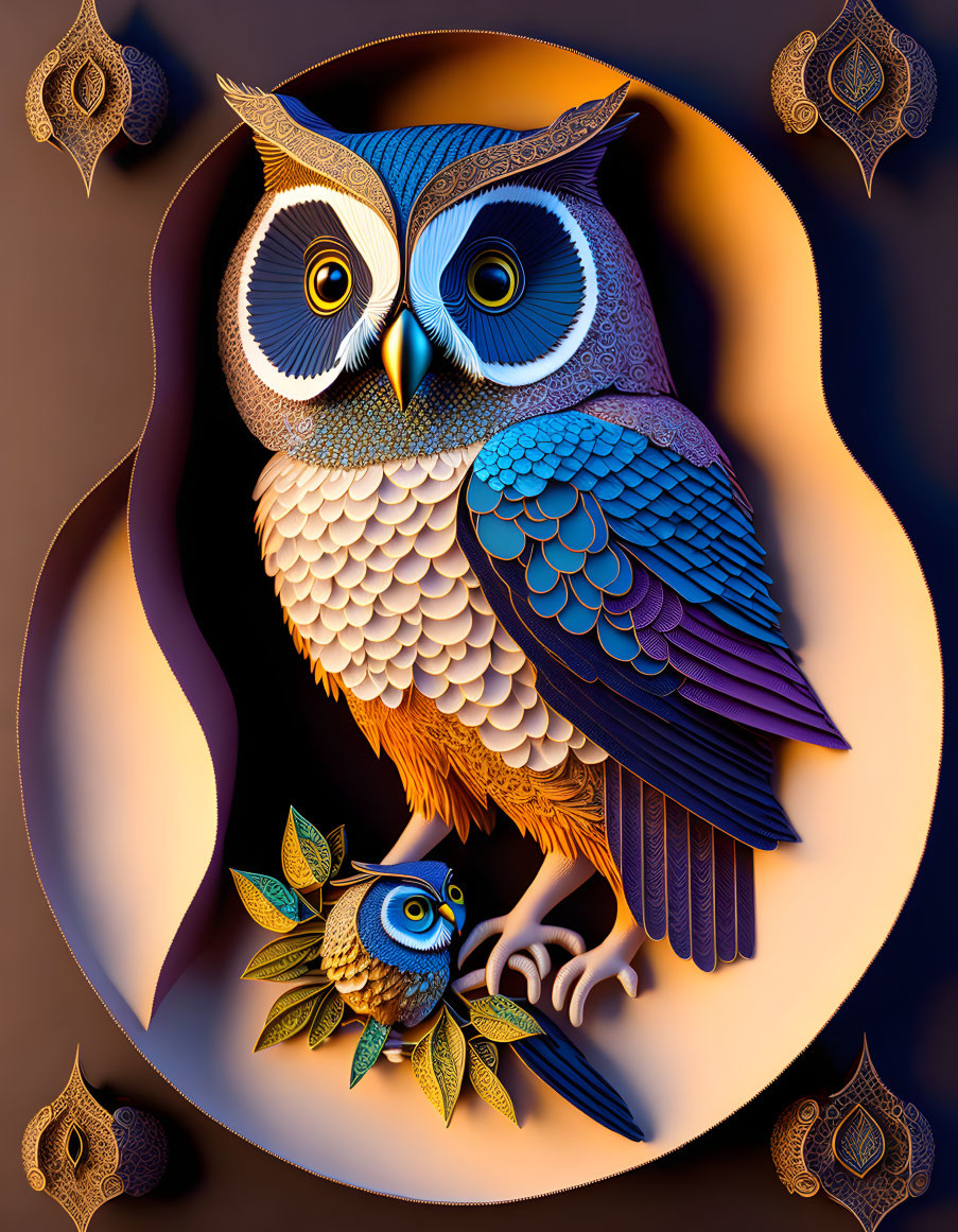 Colorful digital artwork of two stylized owls with intricate feathers on an ornate backdrop