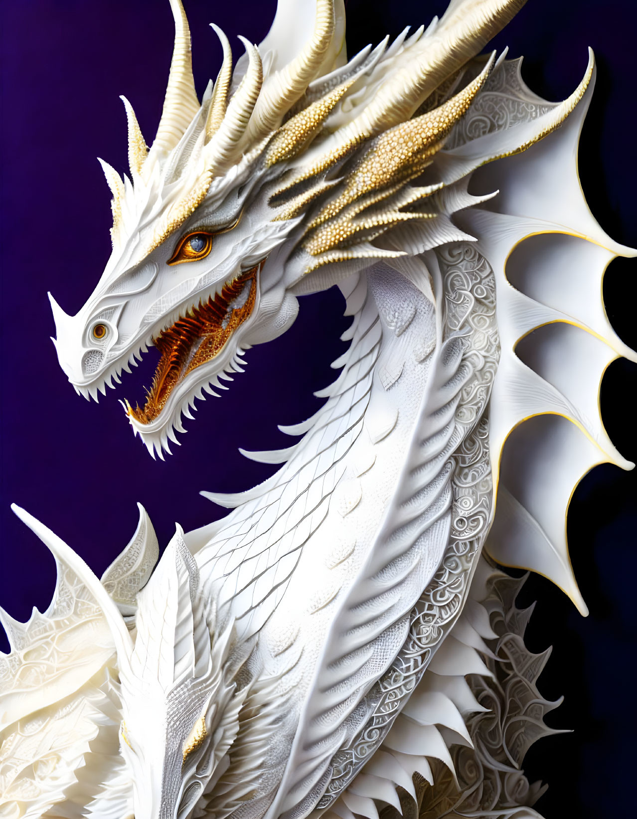 Detailed White and Gold Dragon Illustration on Purple Background