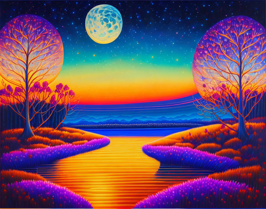 Colorful surreal landscape with mirrored trees, river, mountains, and full moon