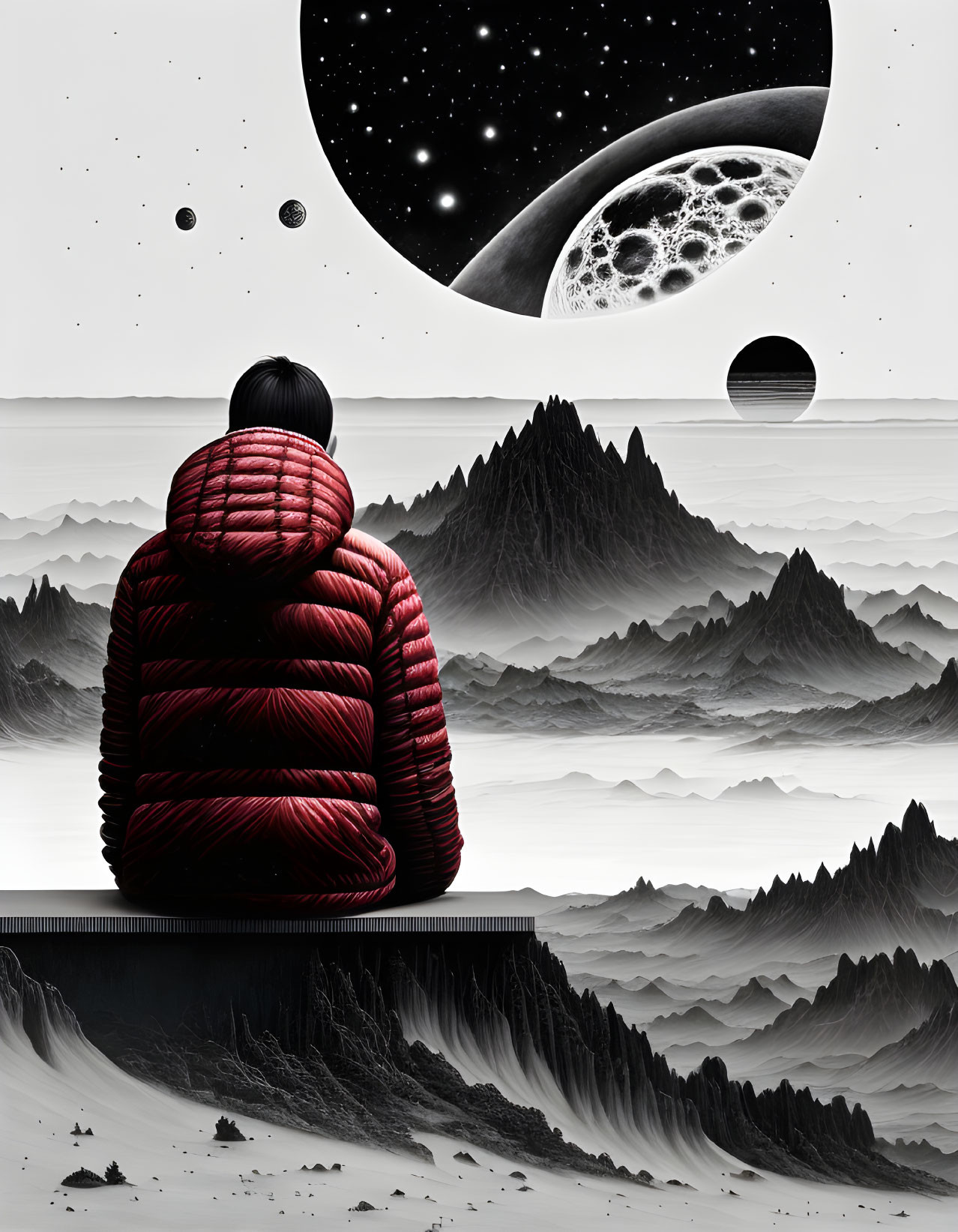 Person in Red Jacket Contemplates Surreal Moonlit Landscape