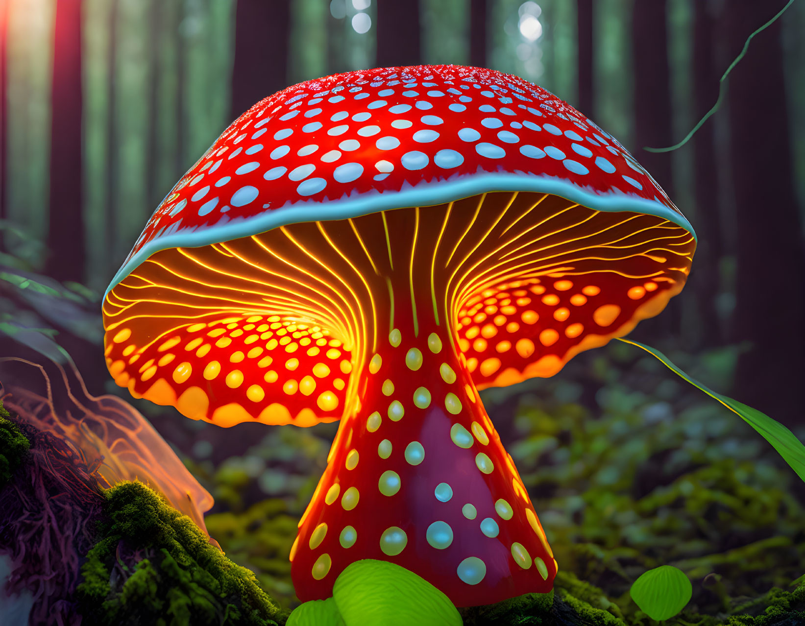 Vibrant red mushroom in enchanted forest with glowing orbs