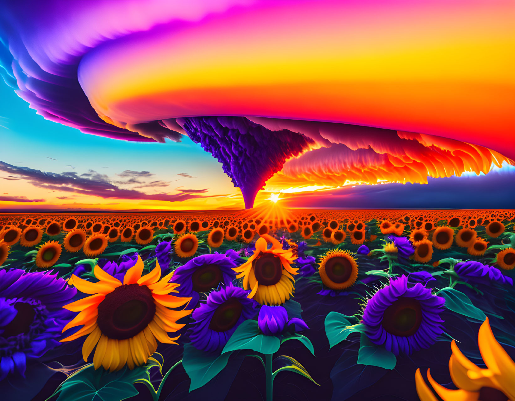 Colorful digital artwork: Sunflower field under dramatic sunset