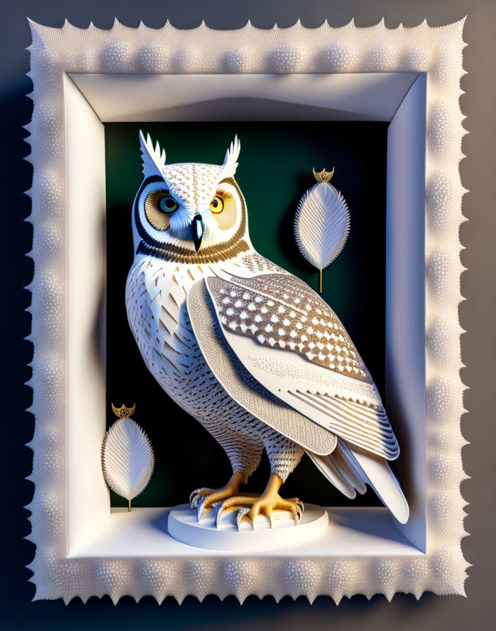 Intricate 3D stylized owl illustration on pedestal in ornate frame