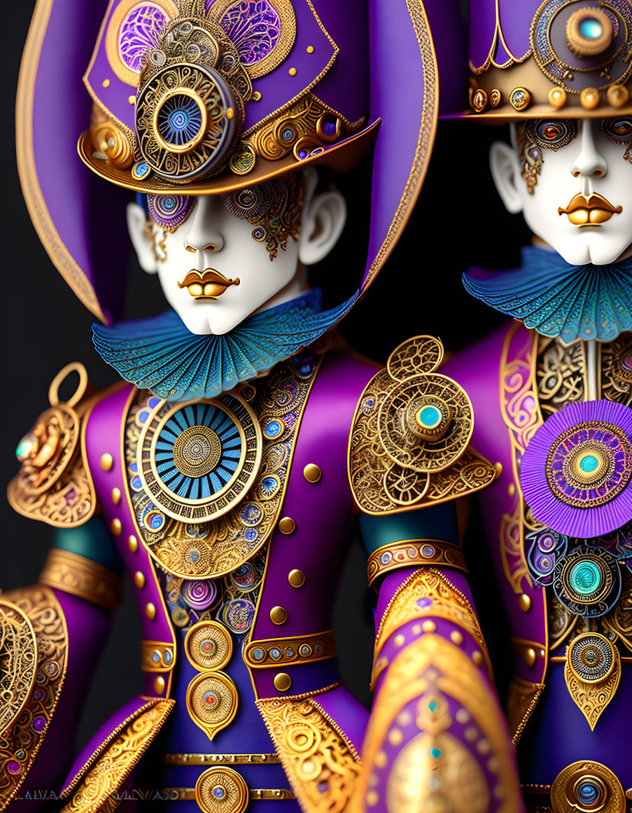 Ornate Steampunk Mannequin Figures with Gold and Purple Gear Designs