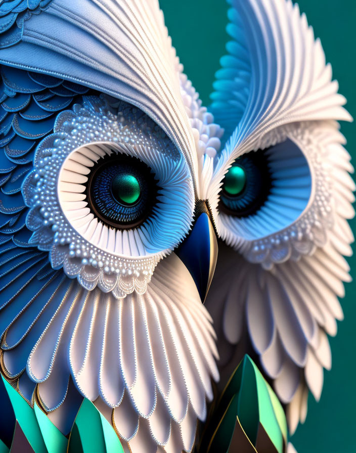 Digital owl faces with intricate feather patterns and large eyes on teal background