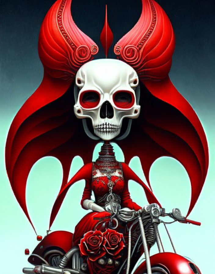 Stylized skeletal figure on motorcycle with red and black regalia