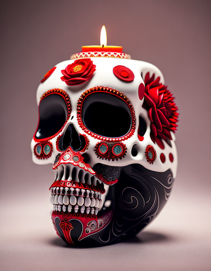 Intricate red and black Dia de los Muertos skull candle holder