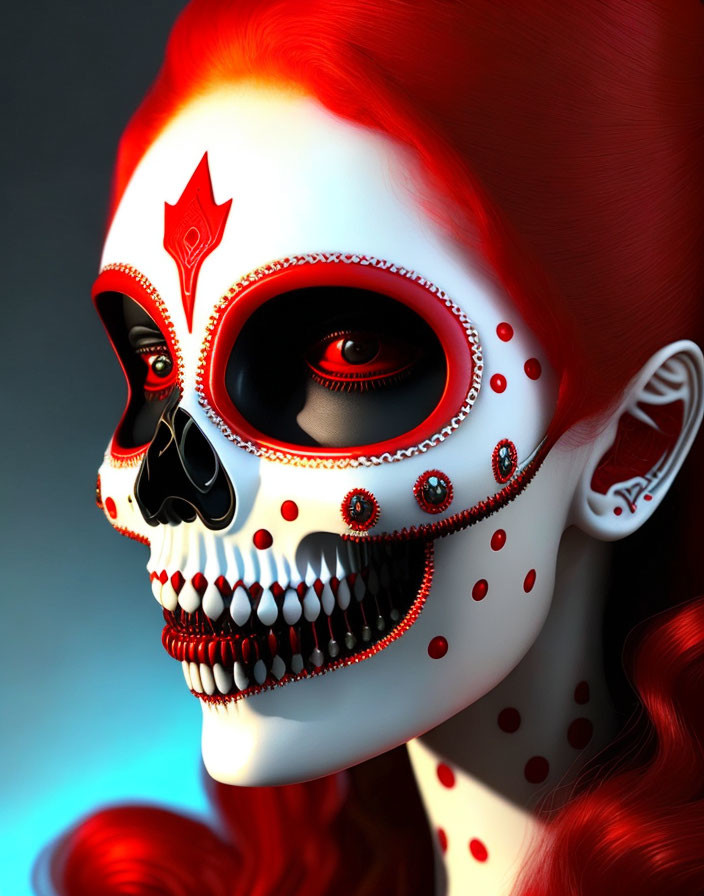 3D illustration: Person with skull face paint, red hair, dark eyes, Dia de los Mu