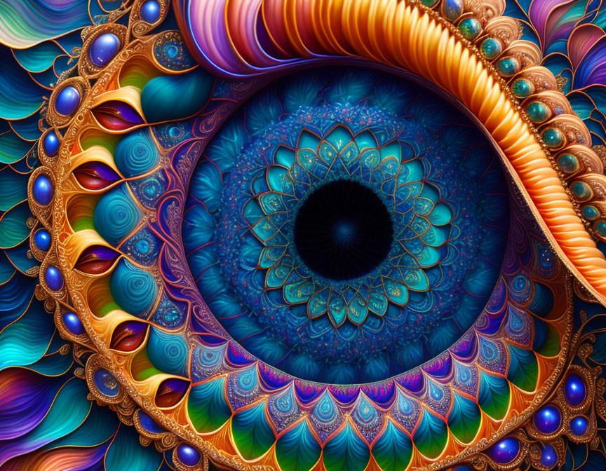 Colorful fractal eye design with vibrant blues, oranges, and purples