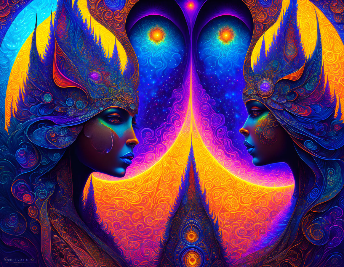 Vibrant portraits of ornate women with elaborate headdresses on colorful, psychedelic background.