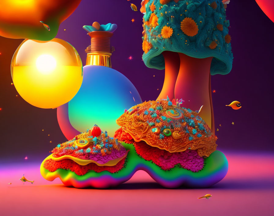 Colorful platform shoes, whimsical tree, and floating orbs in surreal image