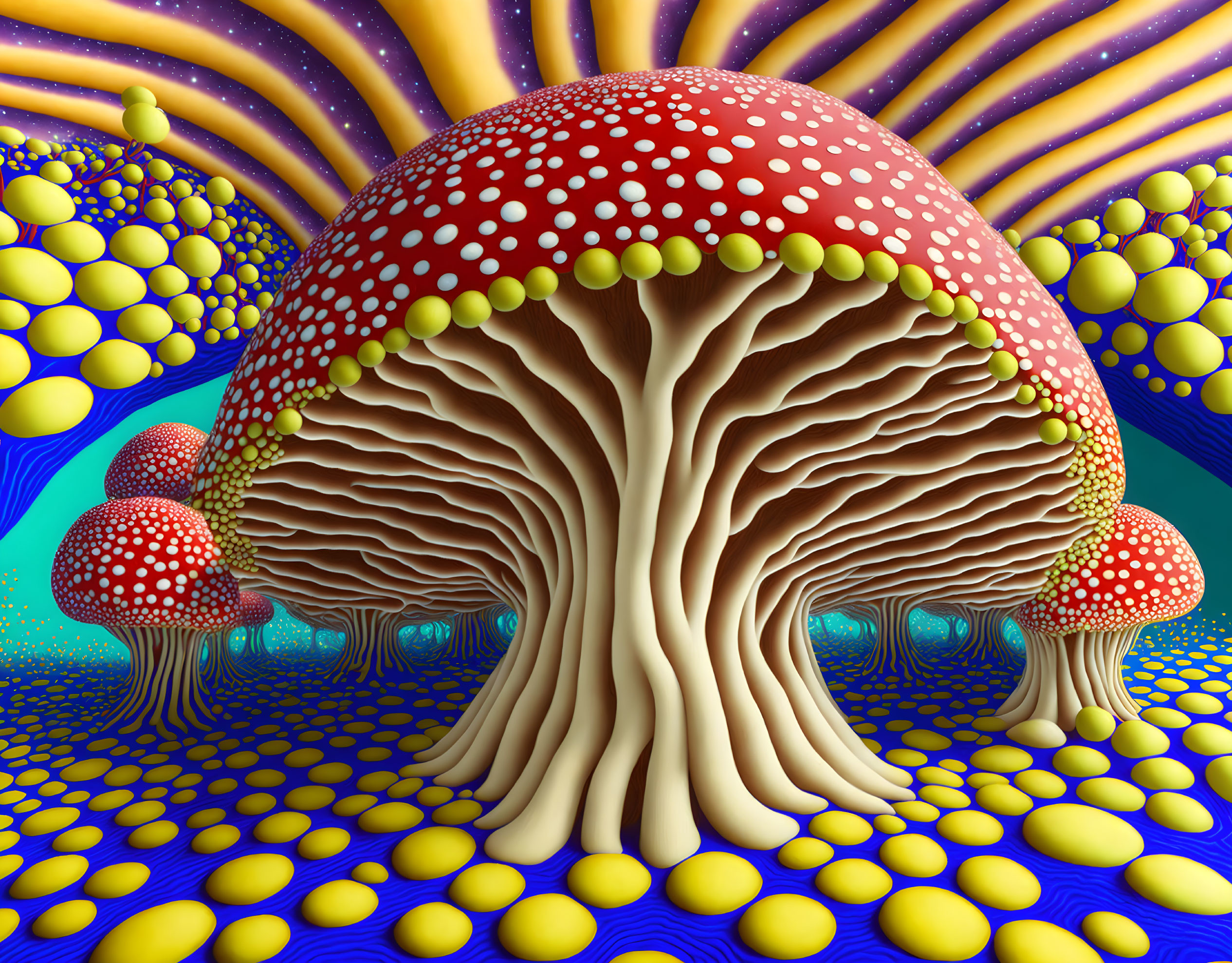 Vivid surreal illustration of red-capped mushrooms on psychedelic background