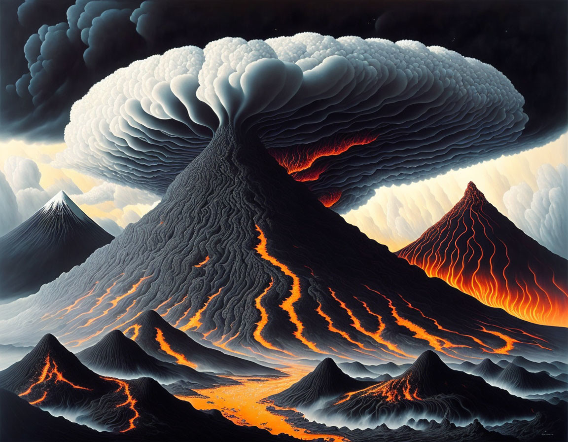 Volcanic Eruption Artwork: Ash Cloud, Lava Flows & Ominous Sky