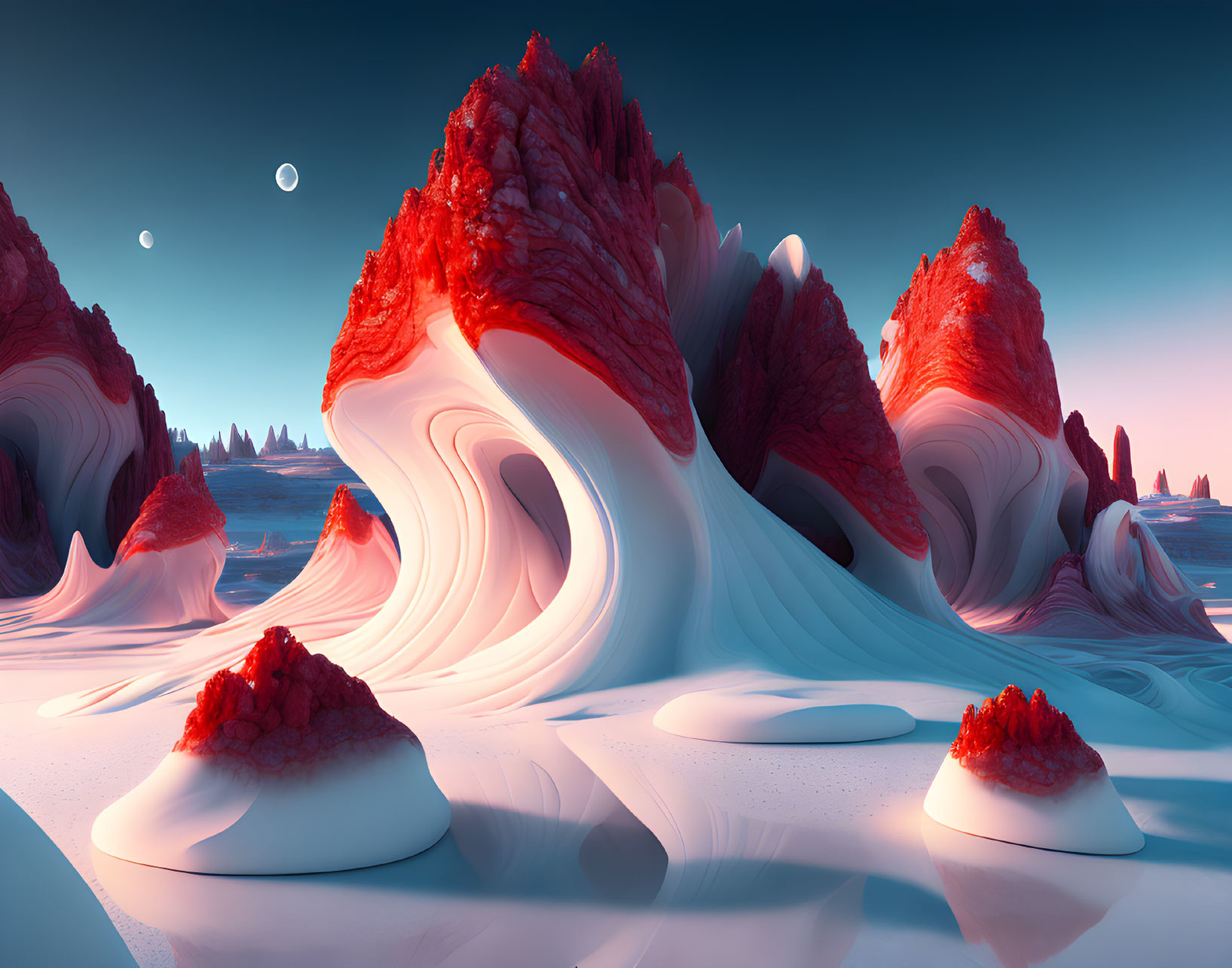 Surreal landscape with red and white rock formations under two moons