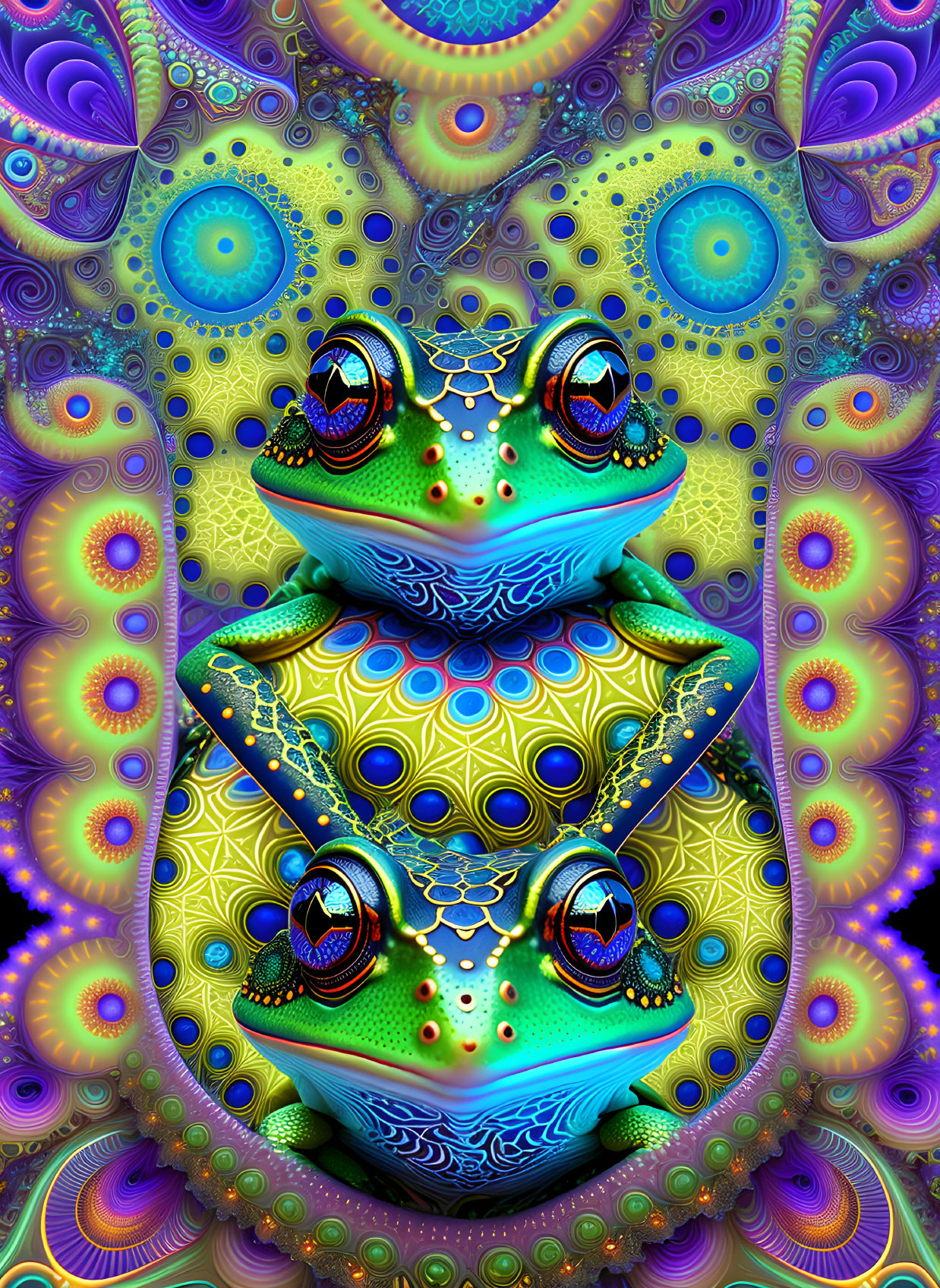 Symmetrical frogs in psychedelic colors on detailed kaleidoscopic background