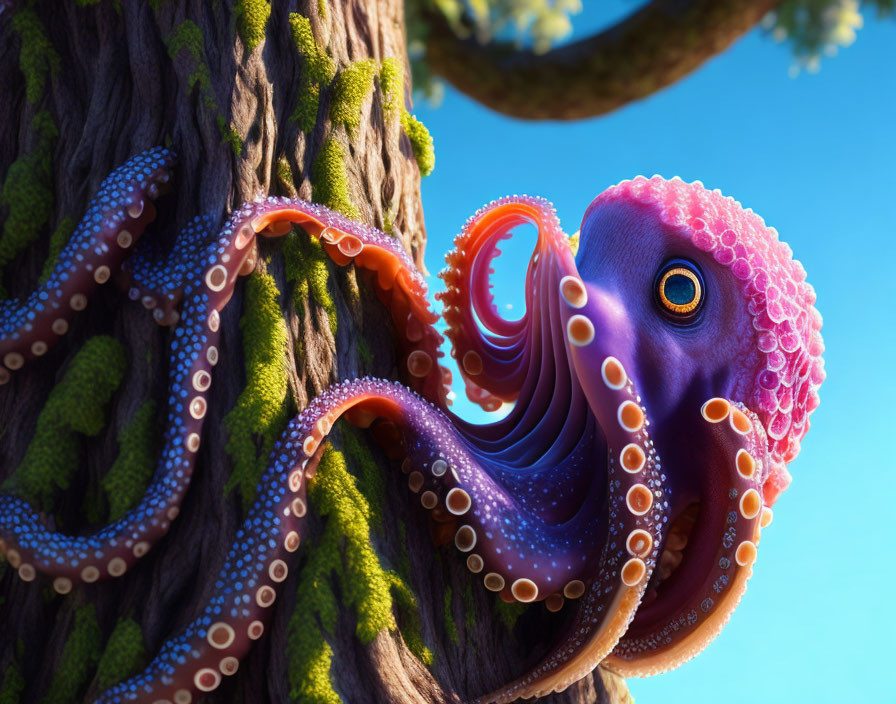 Vibrant purple octopus with detailed suction cups wrapped around textured tree under clear blue sky