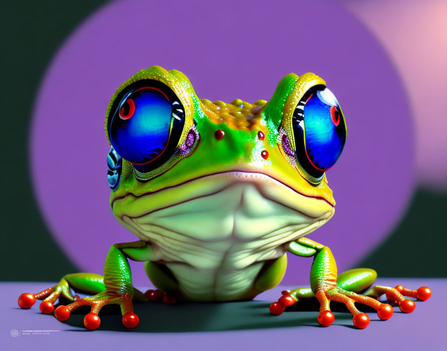 Vibrant 3D frog illustration with green skin and colorful details