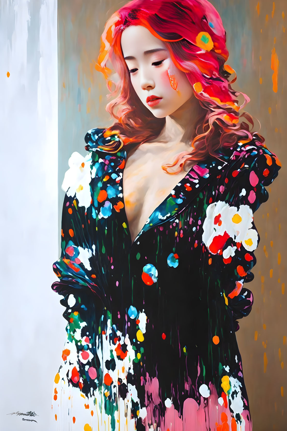 Colorful painting of woman with red hair and floral hair accessories in black jacket with paint splatters