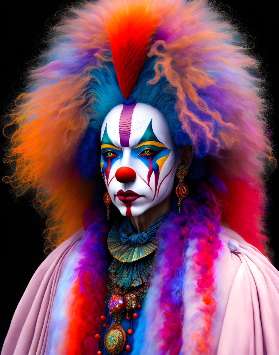 Colorful Clown Makeup and Feathery Headdress with Bold Jewelry and Pink Garment